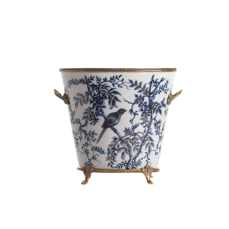 Oval porcelain plant pot with a bird design