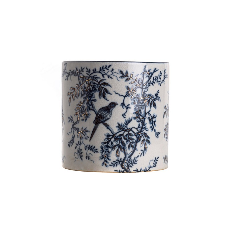 Round porcelain plant pot with a bird design