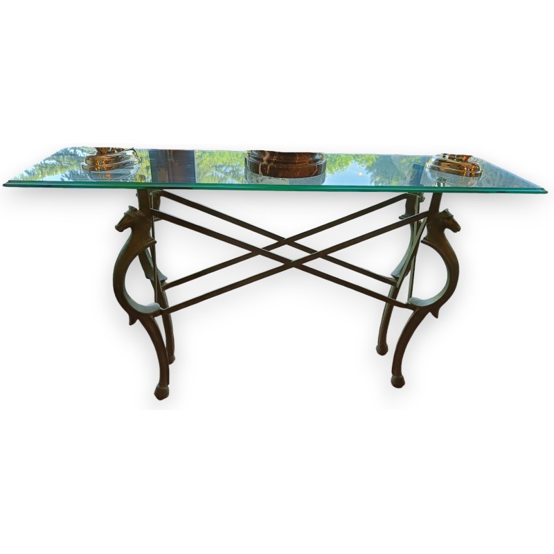 Cast-iron ‘Horse Heads’ console table with glass top