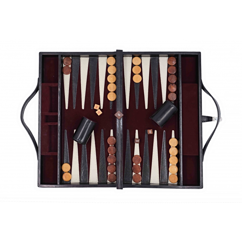 Malle de backgammon en cuir noir