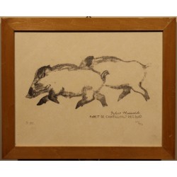 Engraving entitled ‘Two Wild Boars’, signed RH