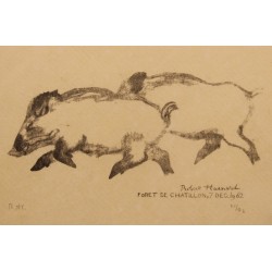 Engraving entitled ‘Two Wild Boars’, signed RH