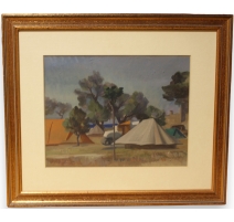 Gouache "Camping" signée S P ROBERT