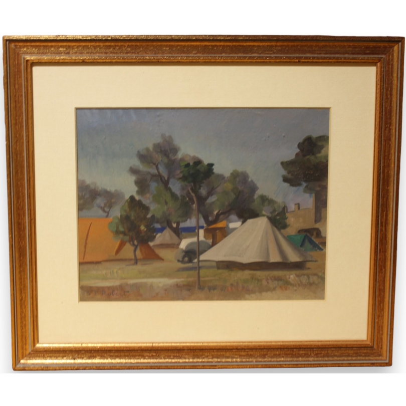 Gouache "Camping" signée S P ROBERT