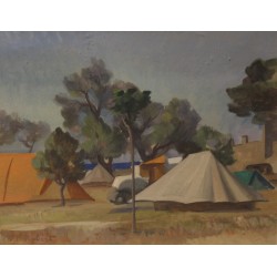 Gouache "Camping" signée S P ROBERT