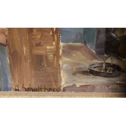 Tableau \"Scène d\'intérieur\" signé A. SCHULTHESS