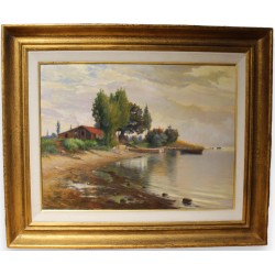 Tableau \"Cabane au bord du lac\" signé V. GILLIAND