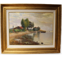 Tableau "Cabane au bord du lac" signé V. GILLIAND