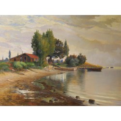 Tableau \"Cabane au bord du lac\" signé V. GILLIAND