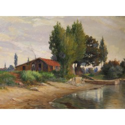 Tableau \"Cabane au bord du lac\" signé V. GILLIAND