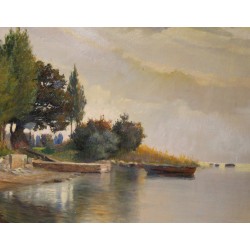 Tableau \"Cabane au bord du lac\" signé V. GILLIAND