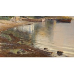 Tableau \"Cabane au bord du lac\" signé V. GILLIAND