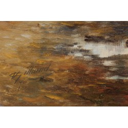 Tableau \"Cabane au bord du lac\" signé V. GILLIAND