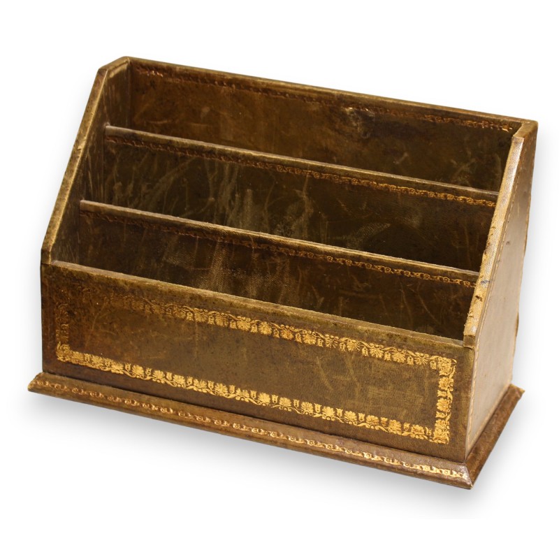 Green leather letter tray with 3 compartments