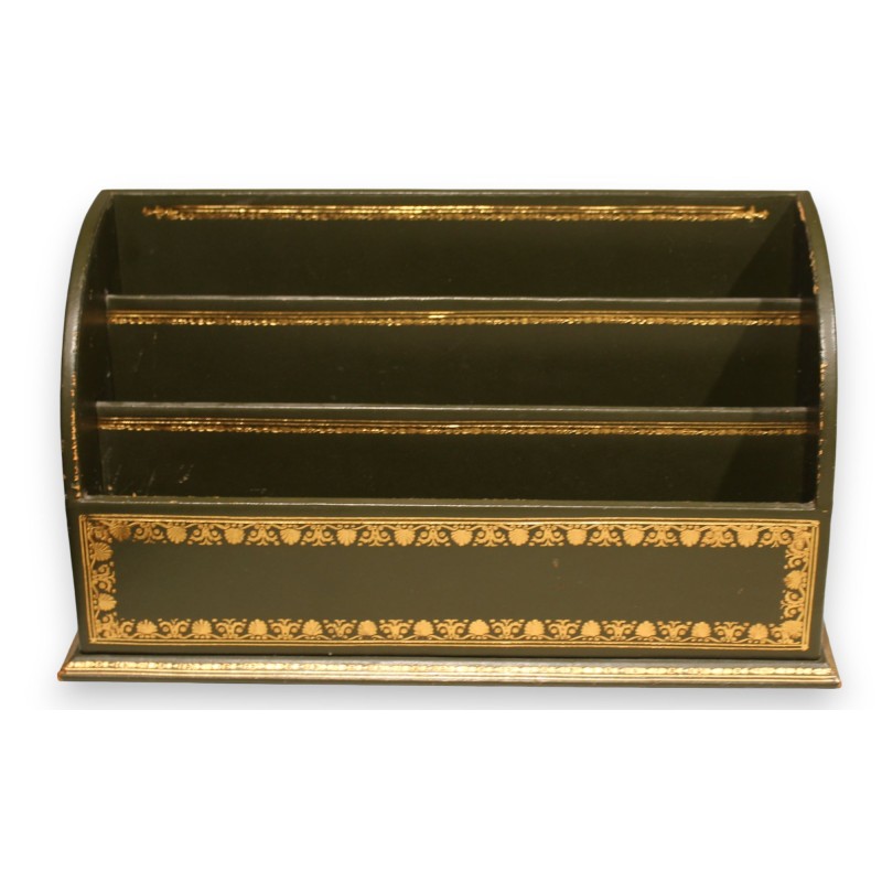 Green leather letter tray with 3 compartments