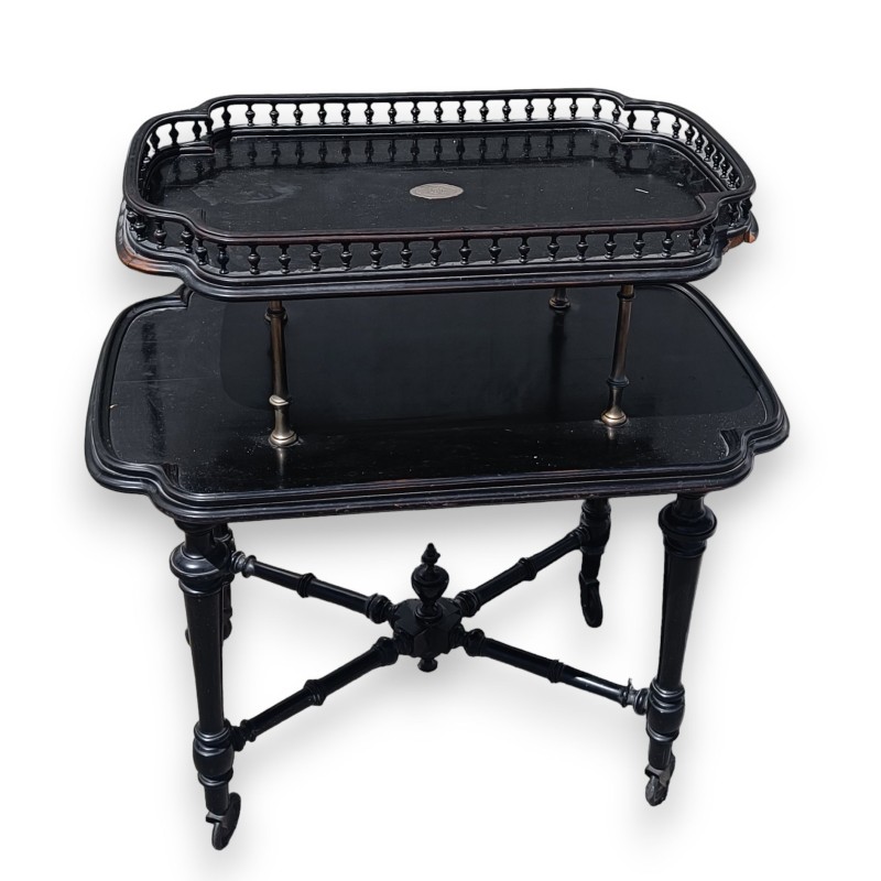 Napoleon III-style serving trolley in blackened wood with 2 trays