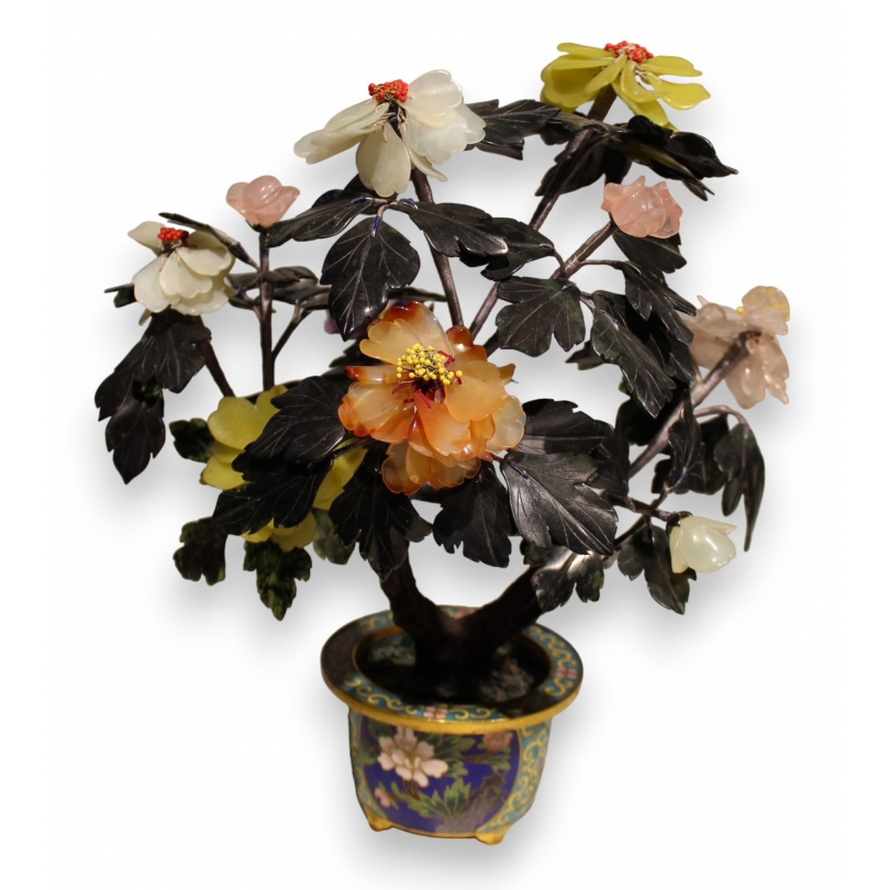 Cache-pot cloisonné avec Arbre en pierres dures