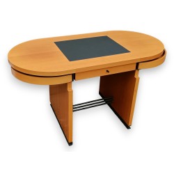 Desk in light wood and steel, with black leather