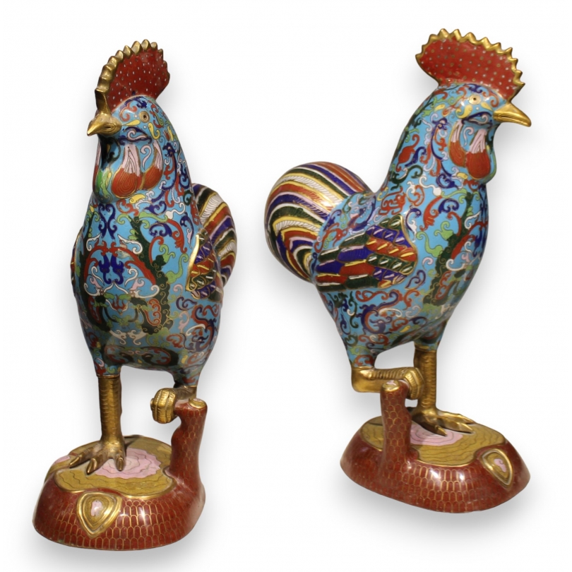 Paire de coqs cloisonnés