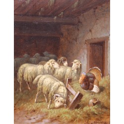 Tableau \"Montons et dindon\" signé A. NOWEY