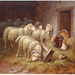 Tableau \"Montons et dindon\" signé A. NOWEY