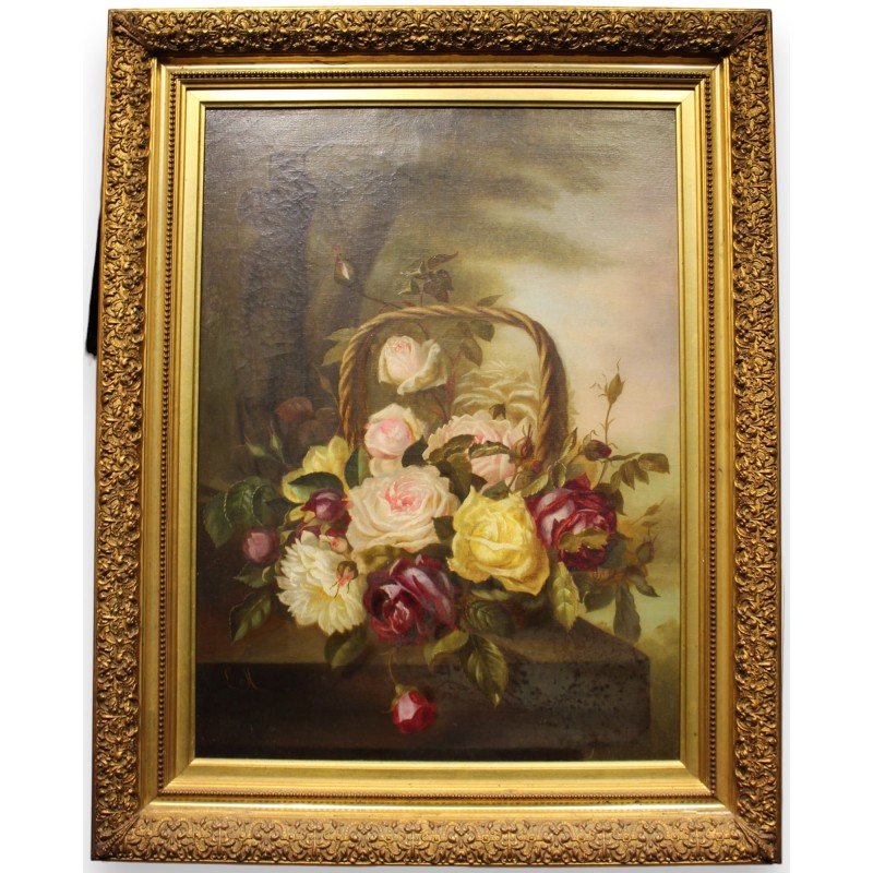 Tableau \"Nature morte, Panier de fleurs\" signé LM