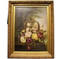 Tableau "Nature morte, Panier de fleurs" signé LM