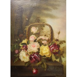 Tableau \"Nature morte, Panier de fleurs\" signé LM