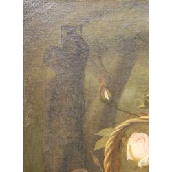 Tableau \"Nature morte, Panier de fleurs\" signé LM