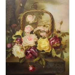 Tableau \"Nature morte, Panier de fleurs\" signé LM