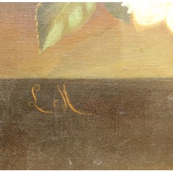 Tableau \"Nature morte, Panier de fleurs\" signé LM