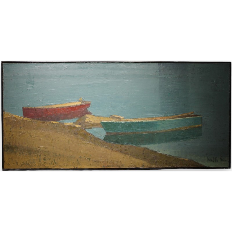 Painting entitled "Boats" signed MAFLI 90