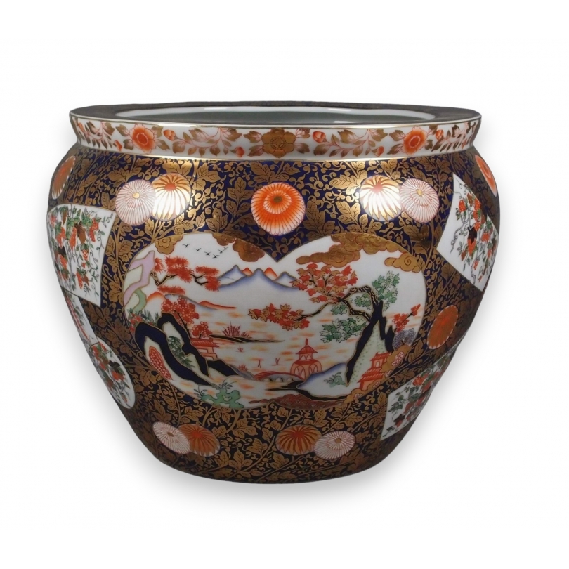 Cache pot en porcelaine Paysage Imari