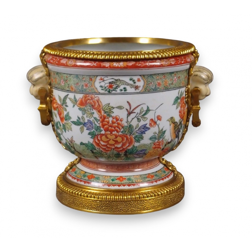 Cache pot Fleurs en porcelaine et bronze