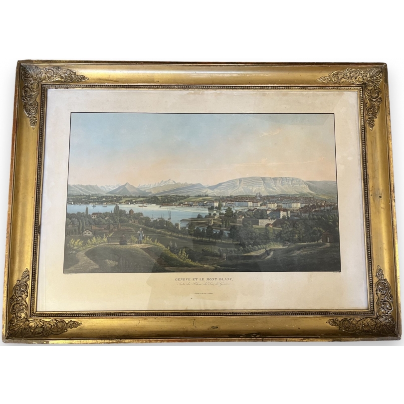 Gravure "Genève et le Mont Blanc" par DUBOIS