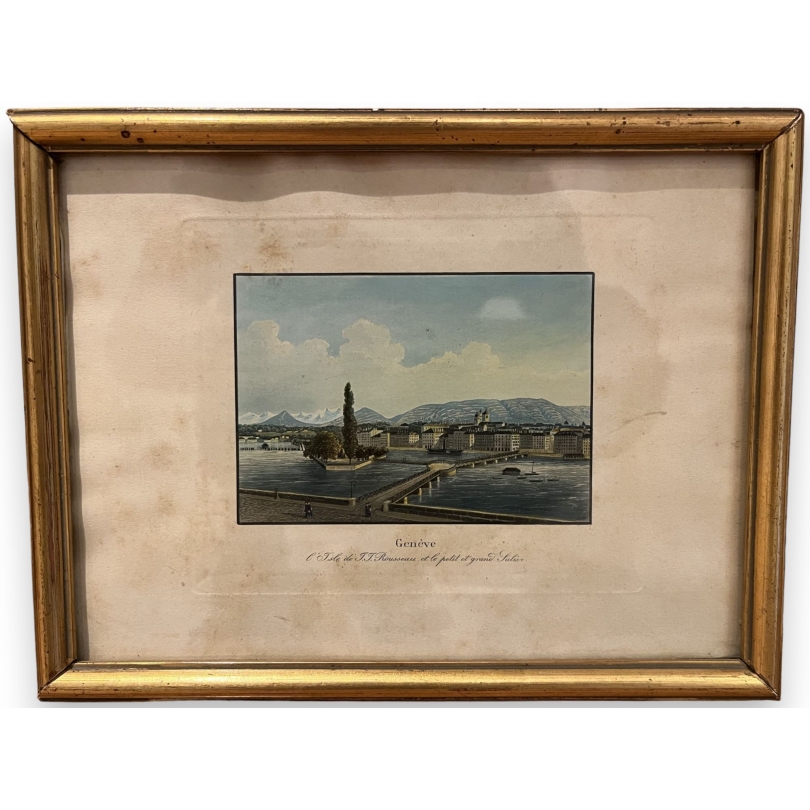 Gravure "Genève L'Isle de J.J. Rousseau"