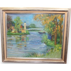 Tableau \"Le Pont sur l\'Oise\" signé P. COLLOMB