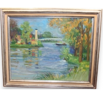 Tableau "Le Pont sur l'Oise" signé P. COLLOMB