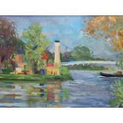 Tableau \"Le Pont sur l\'Oise\" signé P. COLLOMB