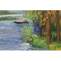 Tableau \"Le Pont sur l\'Oise\" signé P. COLLOMB