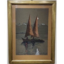 Pastel "Bateau au clair de lune" signé M. RIEDER