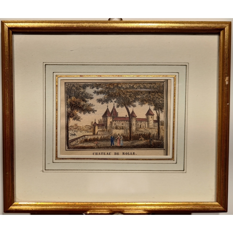 Gravure aquarellée "Chateau de Rolle"