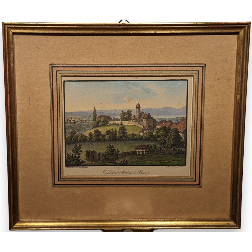 Gravure aquarellée "Aubonne" par WEGELIN