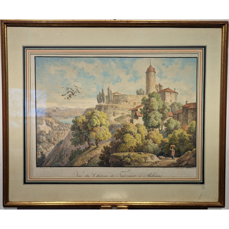 Watercolour engraving ‘Aubonne’ by BOURGEOIS