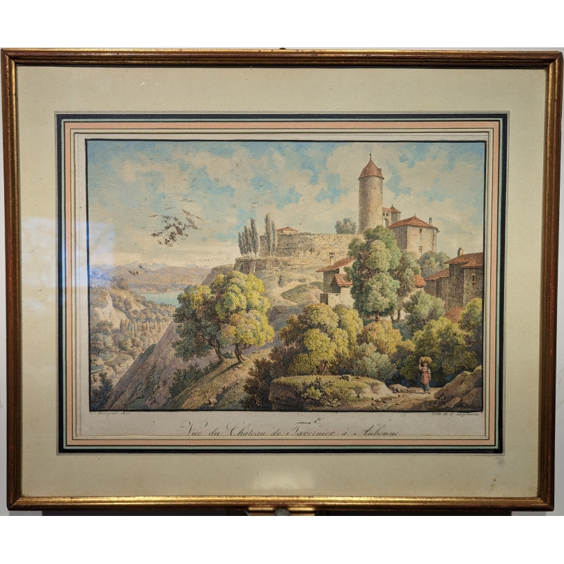 Gravure aquarellée "Aubonne" par BOURGEOIS