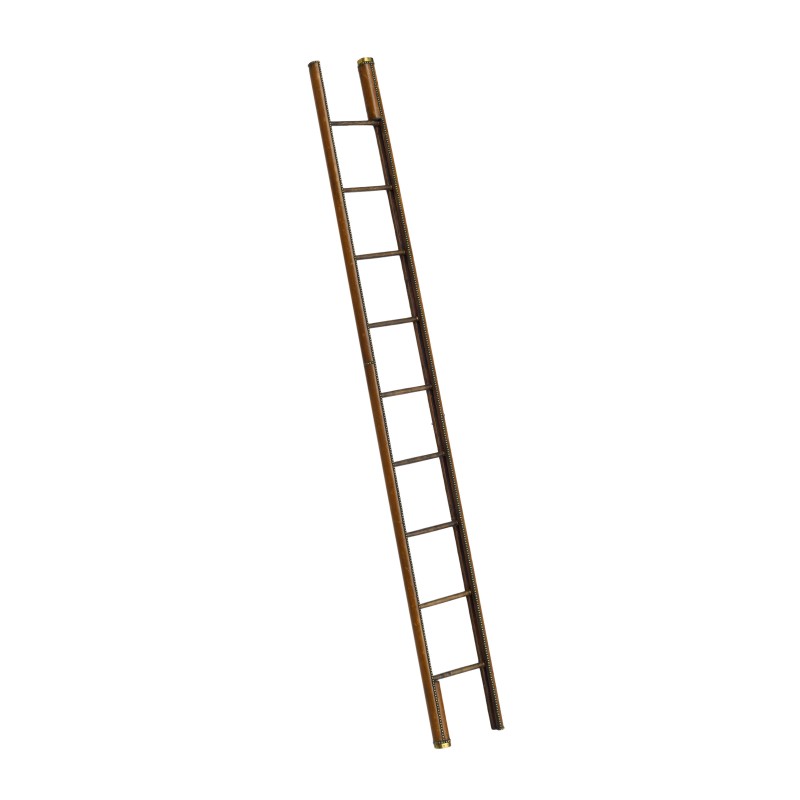 Retractable bookcase ladder in brown leather
