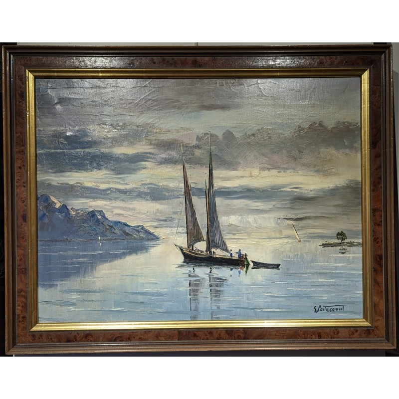 Tableau \"Barque sur le Léman\" signé G. PEITREQUIN