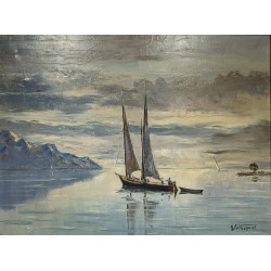 Tableau \"Barque sur le Léman\" signé G. PEITREQUIN