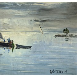 Tableau \"Barque sur le Léman\" signé G. PEITREQUIN
