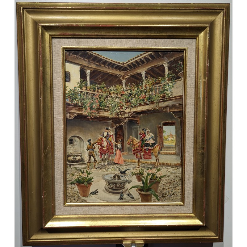Tableau \"Cour intérieure\" signé D. DELGATO